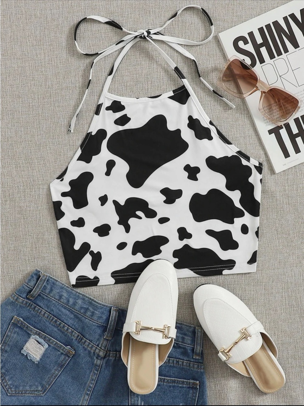 SHEIN Black & White Cow Print Halter Crop Top